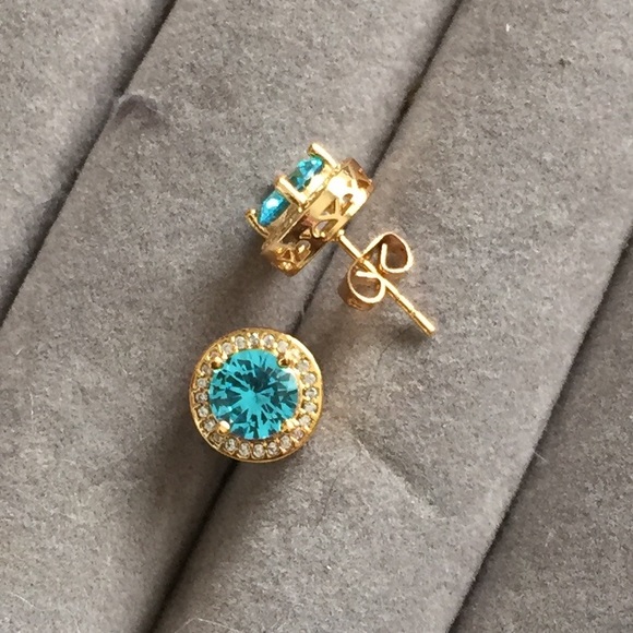 Jewelry - 18k Gold Filled Round Blue Topaz Hollow Earring